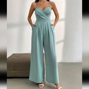 Women Mint Green V-Neck Sexy Elegant Jumpsuit With Spaghetti Straps
